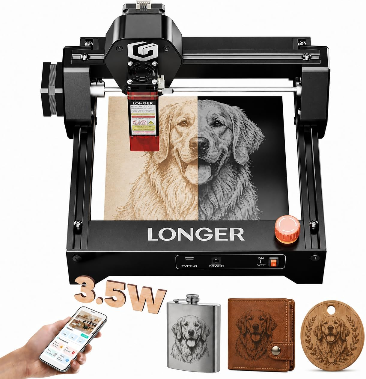 LONGER Ray5 Mini Laser Engraver, 3.5W Portable Laser Engraving & Cutter, 0.04mm Ultra-Precision, 12000mm/min High Speed, for Wood Acrylic Leather, DIY & Beginner Friendly, 140×130mm, WiFi Compatible
