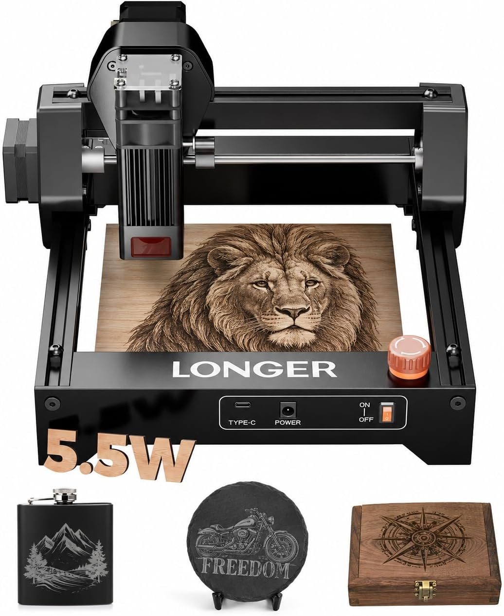 LONGER Ray5 Mini Laser Engraver, 5.5W Portable Laser Engraving & Cutter, 0.01mm Ultra-Precision, 12000mm/min High Speed, for Wood Acrylic Leather, DIY & Beginner Friendly, 130×130mm, WiFi Compatible