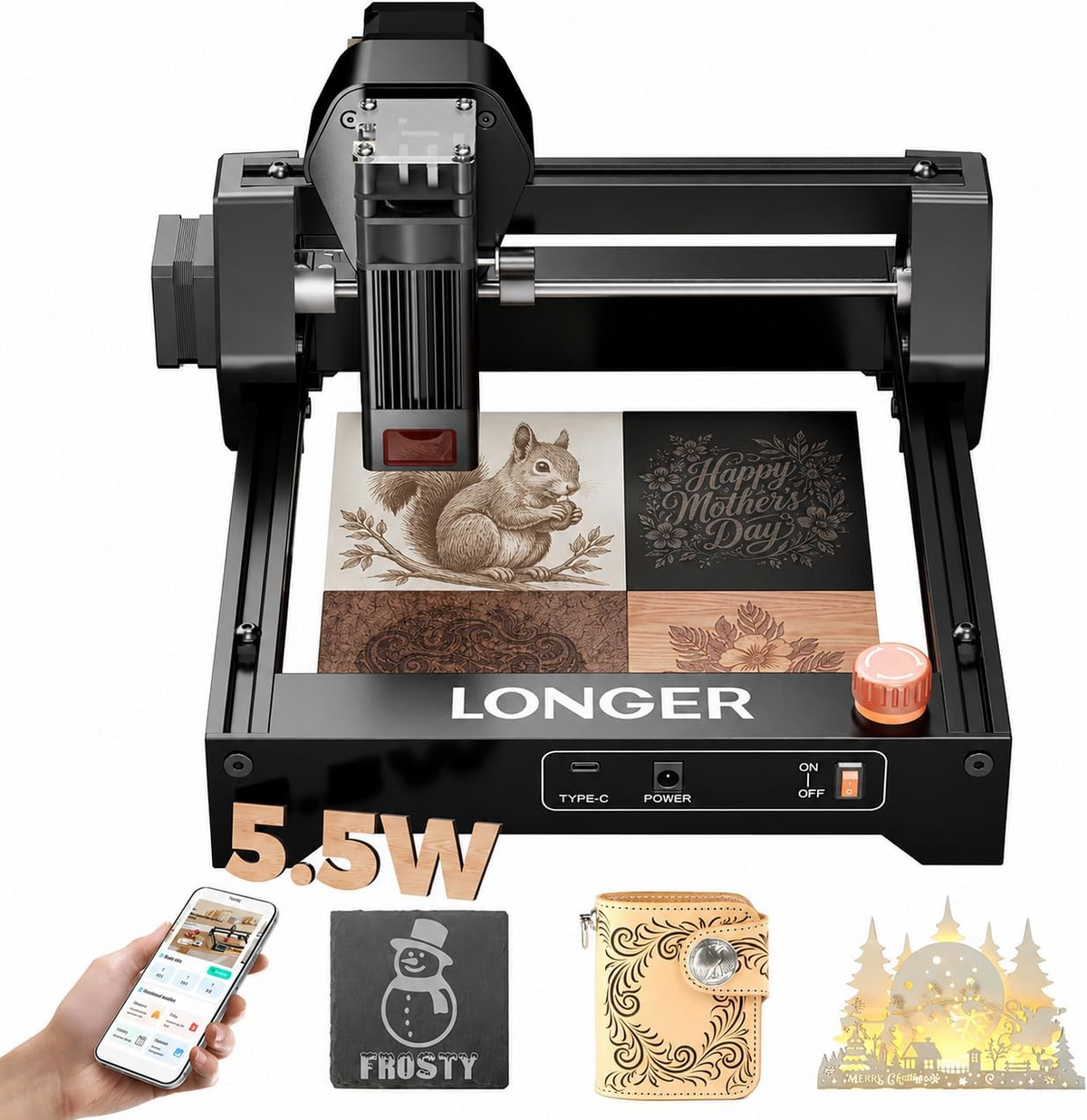 LONGER Ray5 Mini Laser Engraver, 5.5W High-Power Laser Engraver & Cutter, 0.04mm Ultra-Precision, 12000mm/min Speed, for Wood Acrylic Glass Leather, 130×130mm, Small Business & DIY, WiFi Compatible