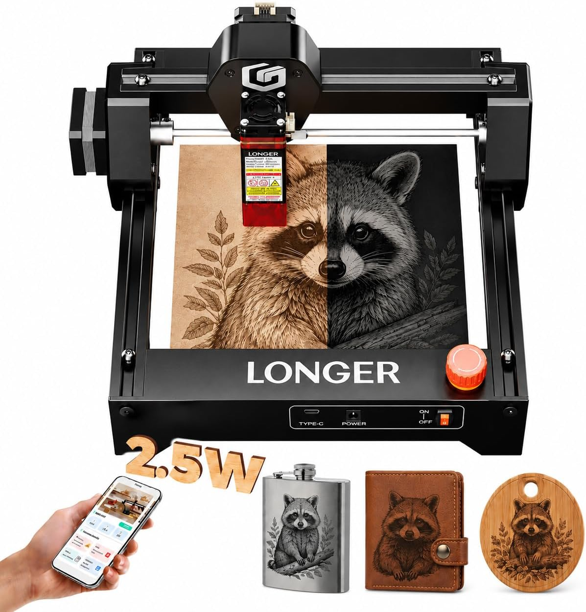 LONGER Ray5 Mini Laser Engraver, 2.5W Portable Laser Engraving & Cutter, 0.04mm Ultra-Precision, 12000mm/min Speed, for Wood Acrylic Leather, Beginner Friendly, 140×130mm, WiFi Compatible