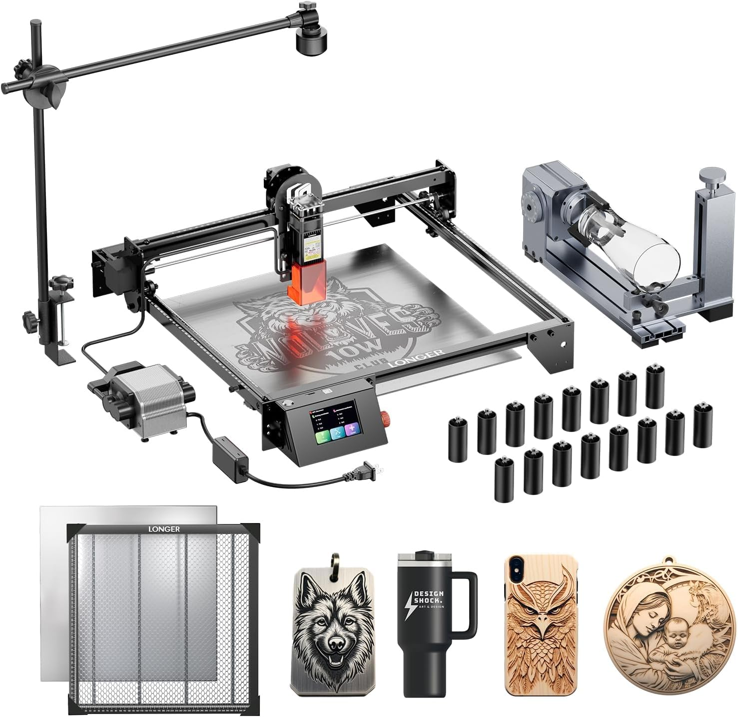 Longer RAY5 10W Laser Engraver with Air Assist Kit, 4-in-1 Rotary Roller, 16 Pcs Raiser, Camera Kits, and Honeycomb Panel 440 * 440mm, App Offline Control, DIY Engraving Tool for Metal、Glass、Wood.