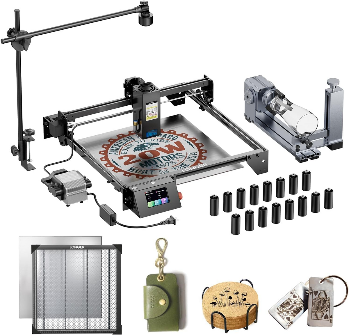 LONGER RAY5 20000mW Laser Engraver with Air Assist Kit, Rotary Roller, 16 Pcs Raiser, Camera Kits and Honeycomb Panel 440 * 440mm, DIY, Cutting Tool for Metal Coloring、Acrylic、Wood. (Class 4)